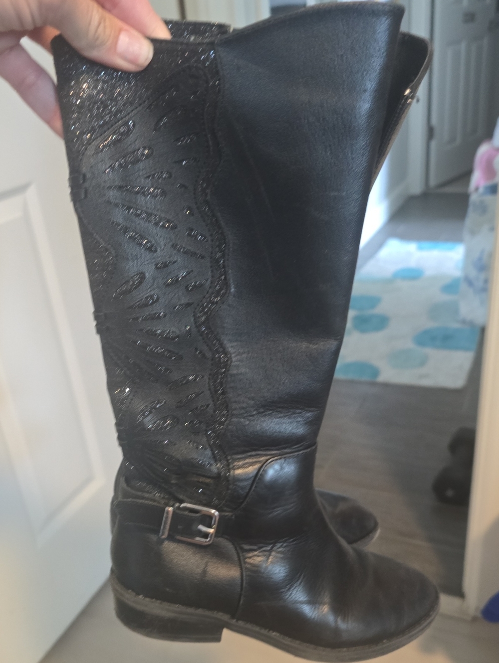 Black Girls's Knee-High Glitter Accent Riding Boots